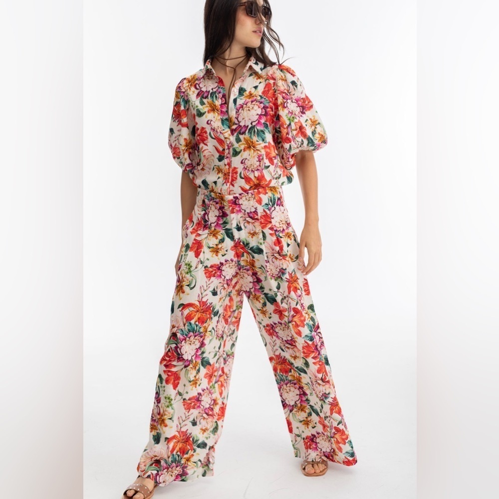 NEW LANHTROPY culotte linen pants in Full Bloom Print Small NWT wide leg - Picture 5 of 14